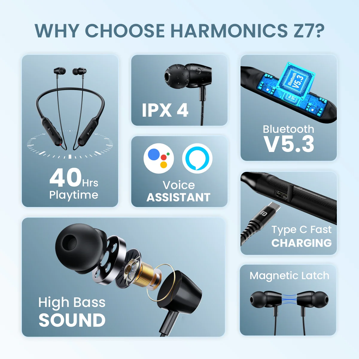 Harmonics Z 7 Neck Band | High Bass | Gaming Mode | Water Resistant | 10 mm Dynamic Driver