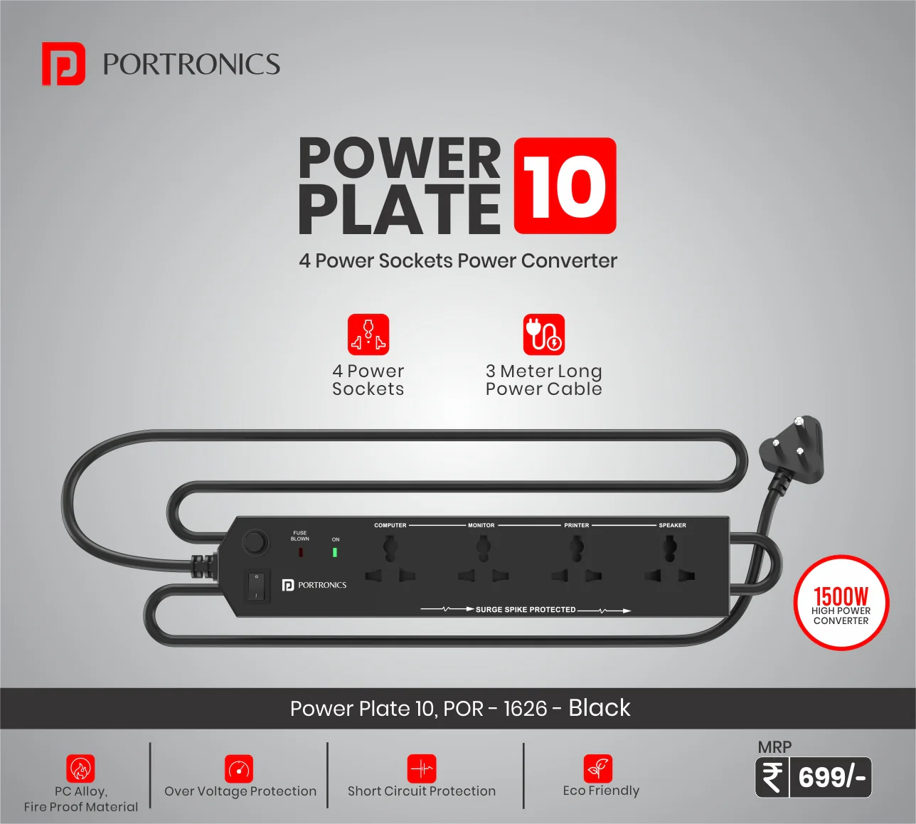 Power Plate 10 Power 4 Sockets 3 m Long Cord 1500 Watts